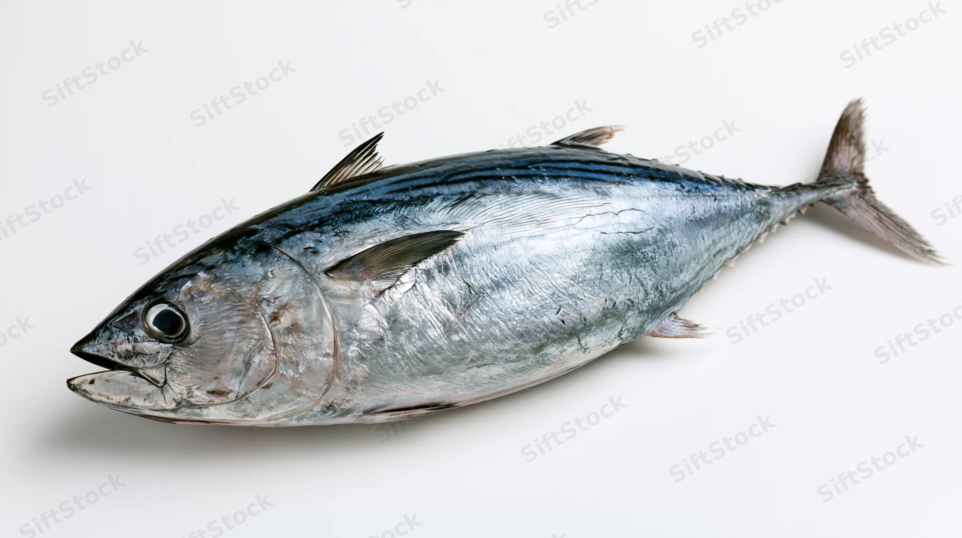 Whole fresh skipjack tuna lying on its side on white background