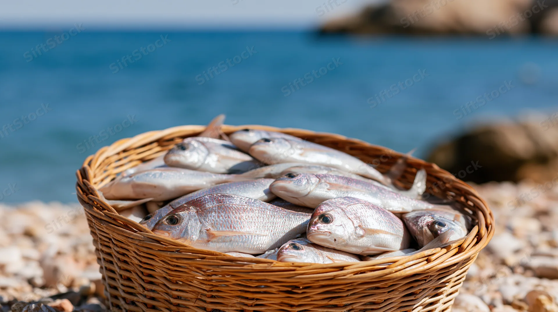 Wicker basket filled with fresh silver fish on pebbled beach near ocean