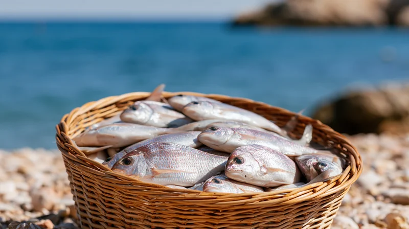 Wicker basket filled with fresh silver fish on pebbled beach near ocean