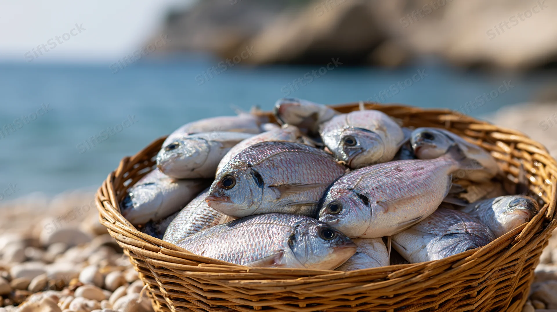 Wicker basket filled with fresh silver fish on a pebbled beach near the ocean
