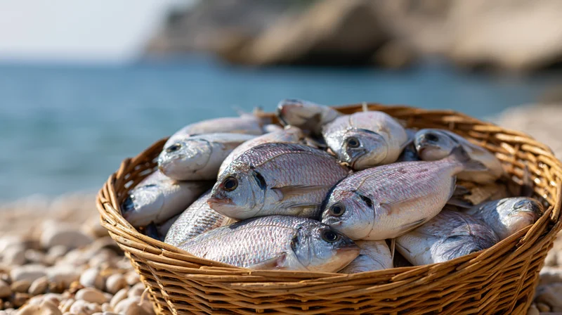 Wicker basket filled with fresh silver fish on a pebbled beach near the ocean