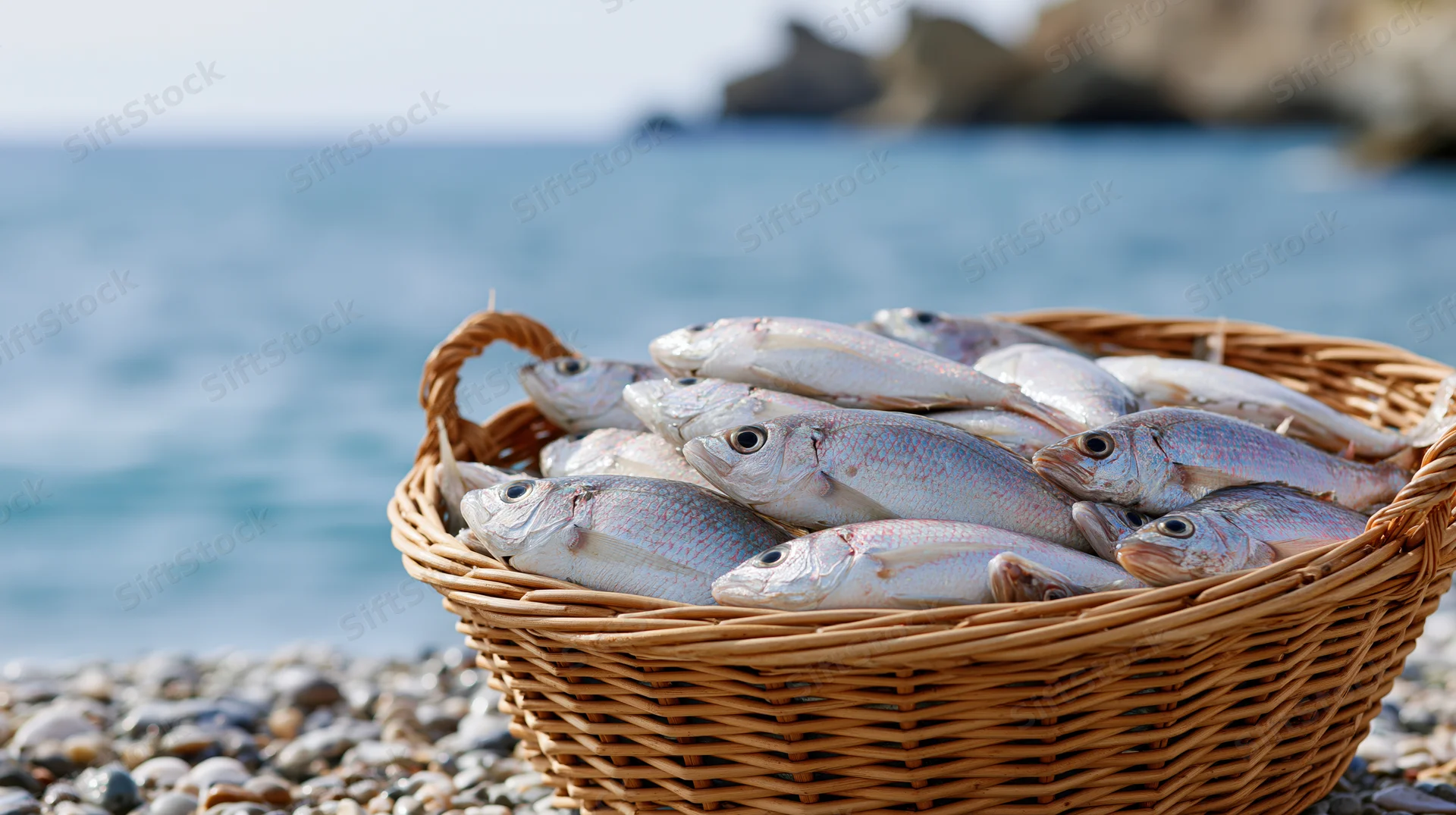 Wicker basket filled with fresh silver fish on a pebbled beach by the ocean