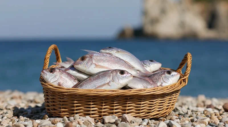 Wicker basket filled with fresh silver fish on a pebbled beach by the ocean