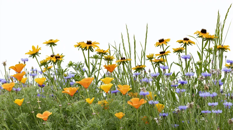 Wildflowers blooming in a meadow with california poppies, black-eyed susans and cornflowers against white background
