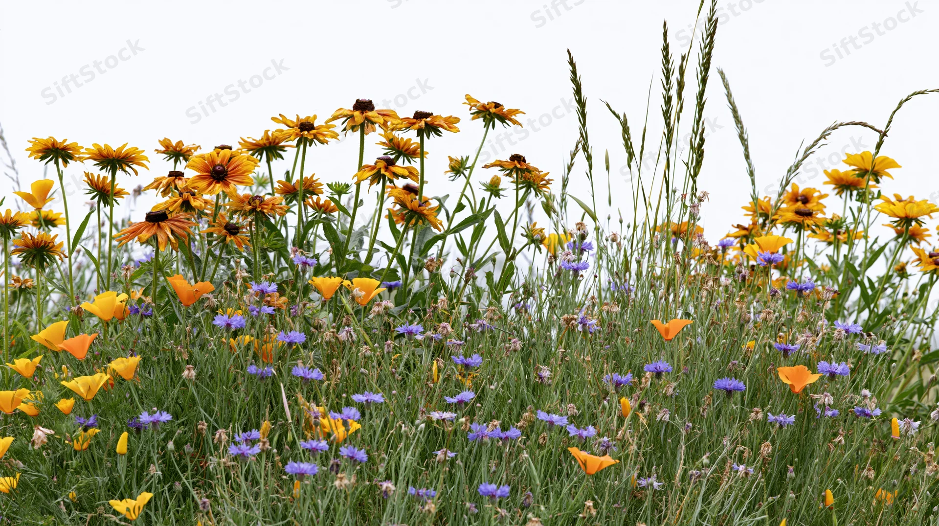 Wildflowers blooming in a meadow with california poppies and black-eyed susans among green grass and stems