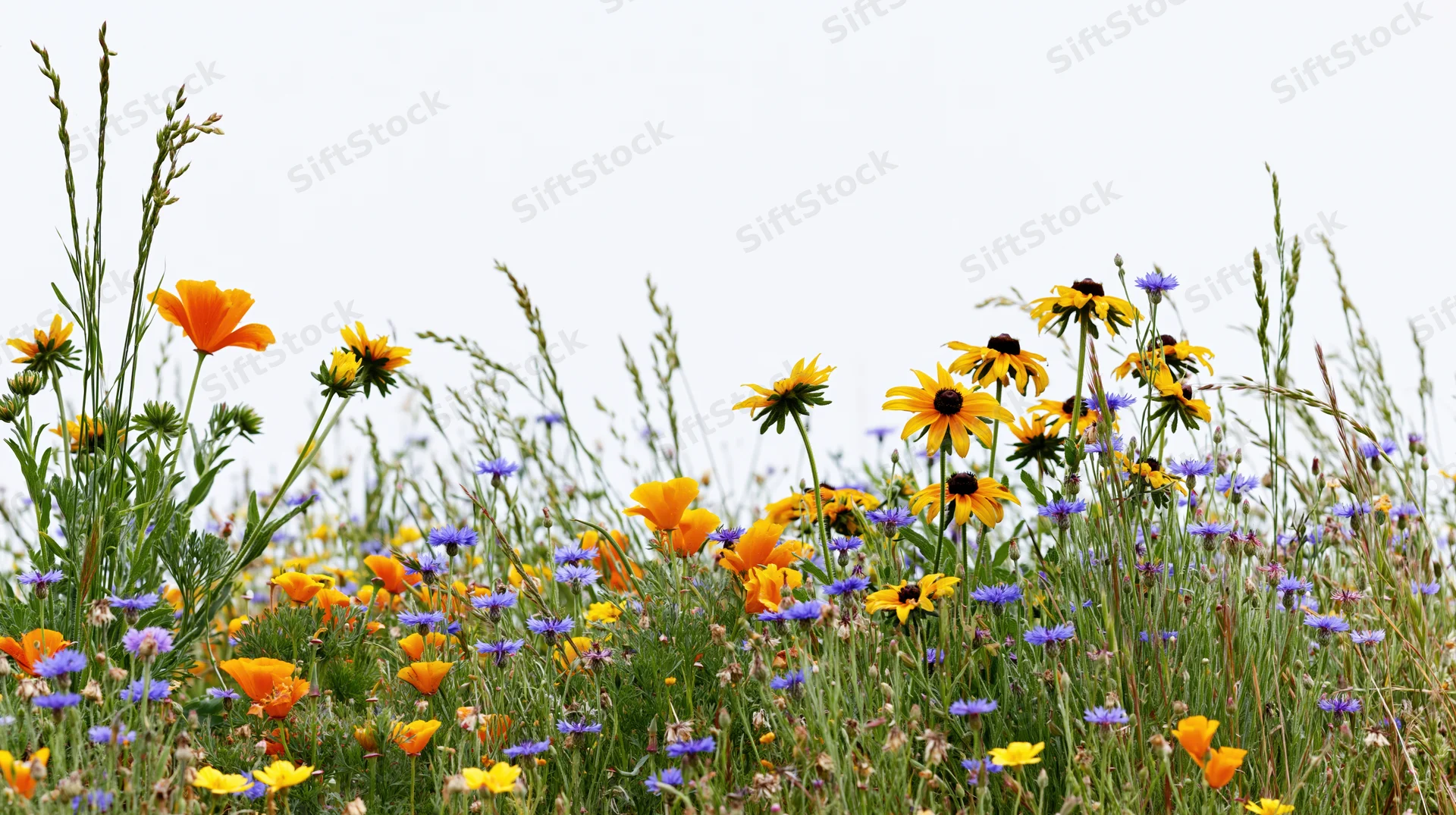 Wildflowers blooming in a meadow with california poppies and black-eyed susans among green grass