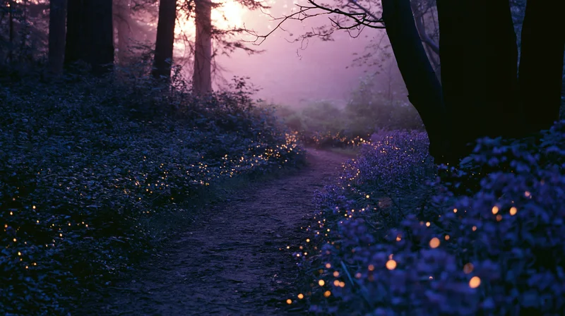 Winding dirt path through a forest at twilight lined with glowing fireflies among dense foliage