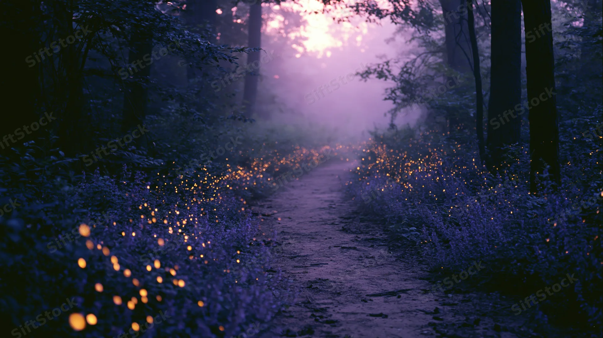 Winding dirt path through a misty forest lined with glowing fireflies at twilight
