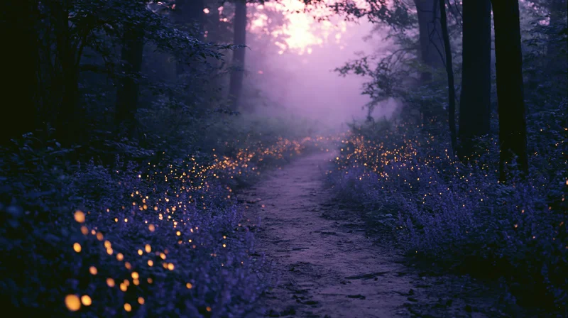 Winding dirt path through a misty forest lined with glowing fireflies at twilight