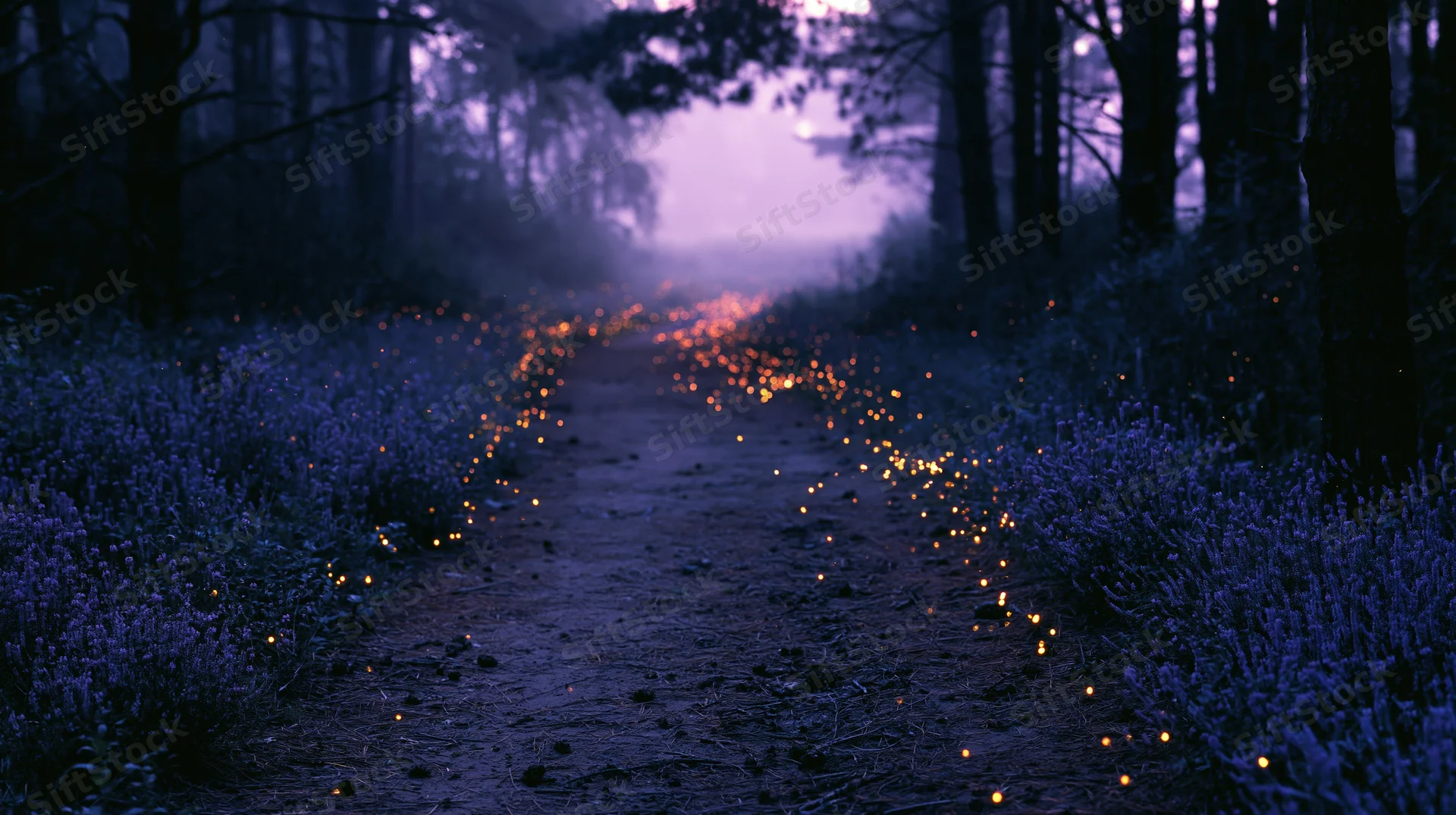 Winding dirt path through a forest at twilight lined with glowing fireflies among lavender plants