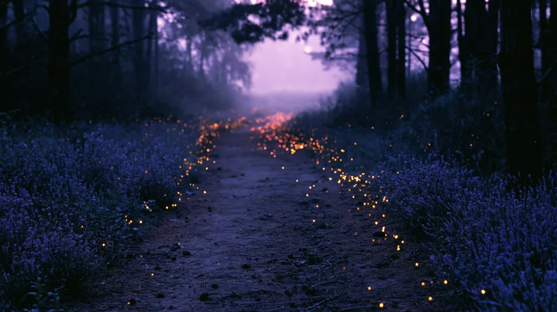 Winding dirt path through a forest at twilight lined with glowing fireflies among lavender plants