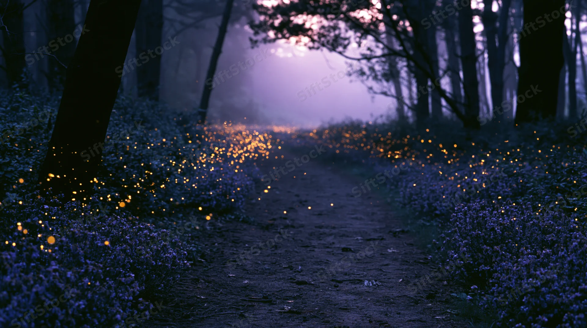 Winding dirt path through a forest at twilight lined with glowing fireflies among blue flowers