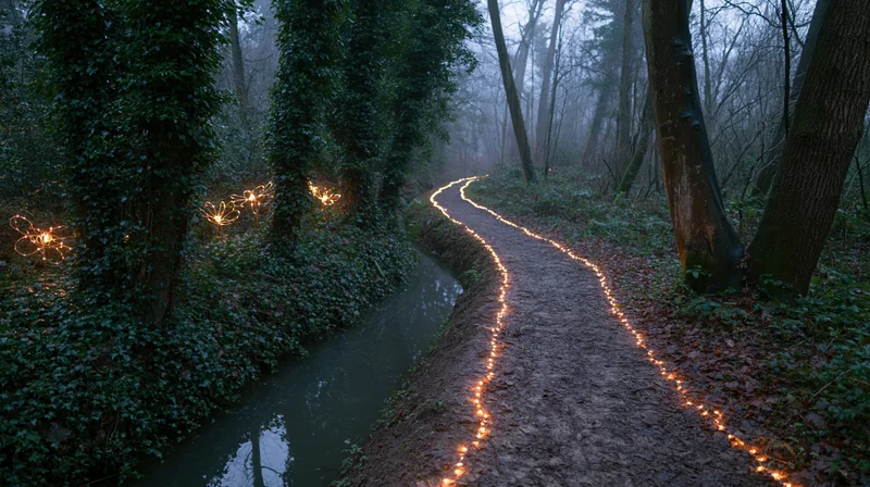 Winding dirt path lined with warm fairy lights along a forest stream in misty evening