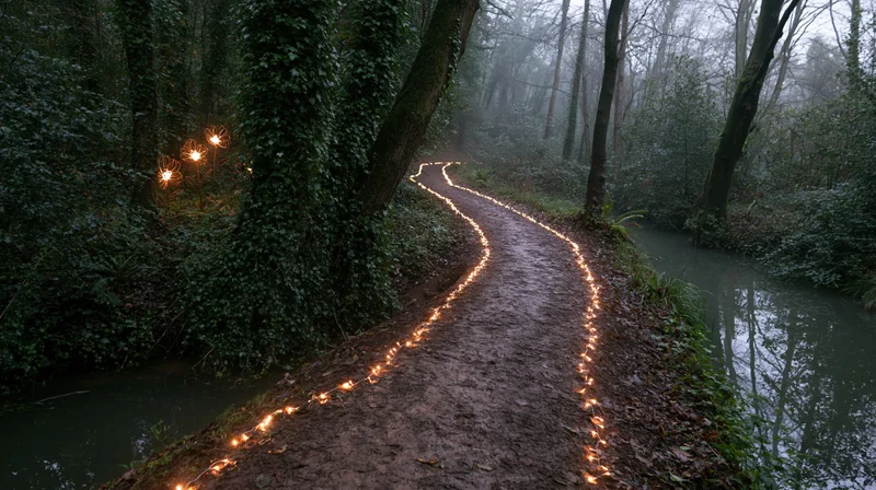Winding dirt path lined with warm fairy lights through misty forest beside a stream