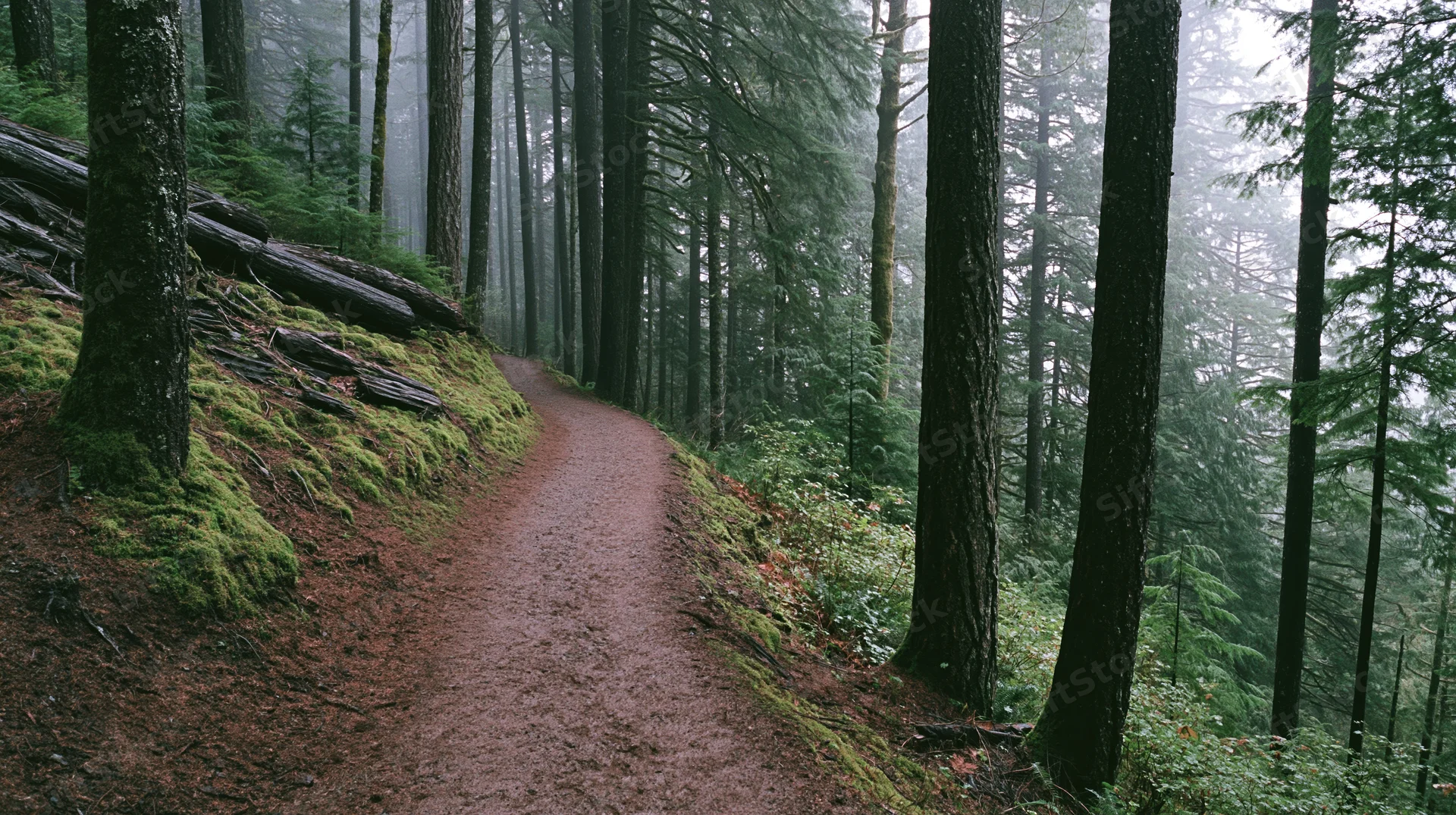 Winding dirt trail through dense foggy forest with moss-covered ground and tall evergreen trees