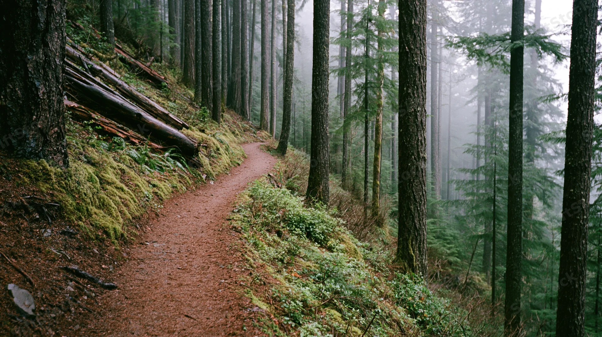 Winding dirt trail through dense foggy forest with moss-covered trees and undergrowth on a sloped terrain
