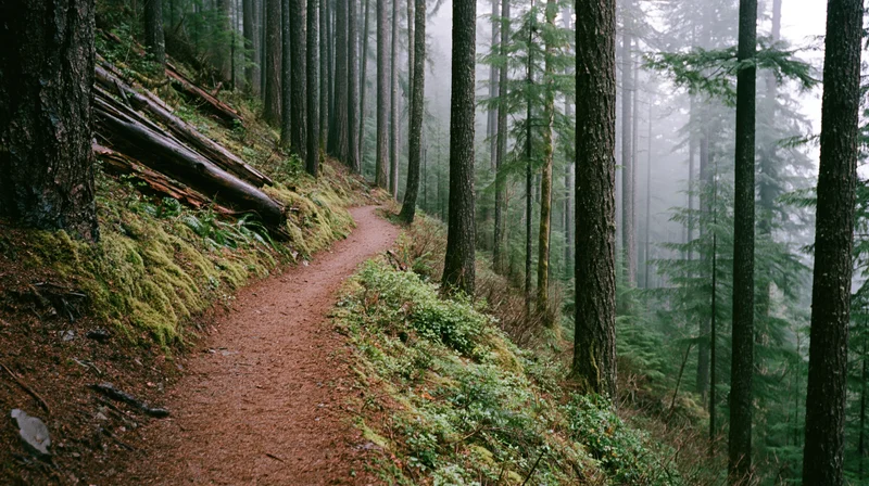 Winding dirt trail through dense foggy forest with moss-covered trees and undergrowth on a sloped terrain