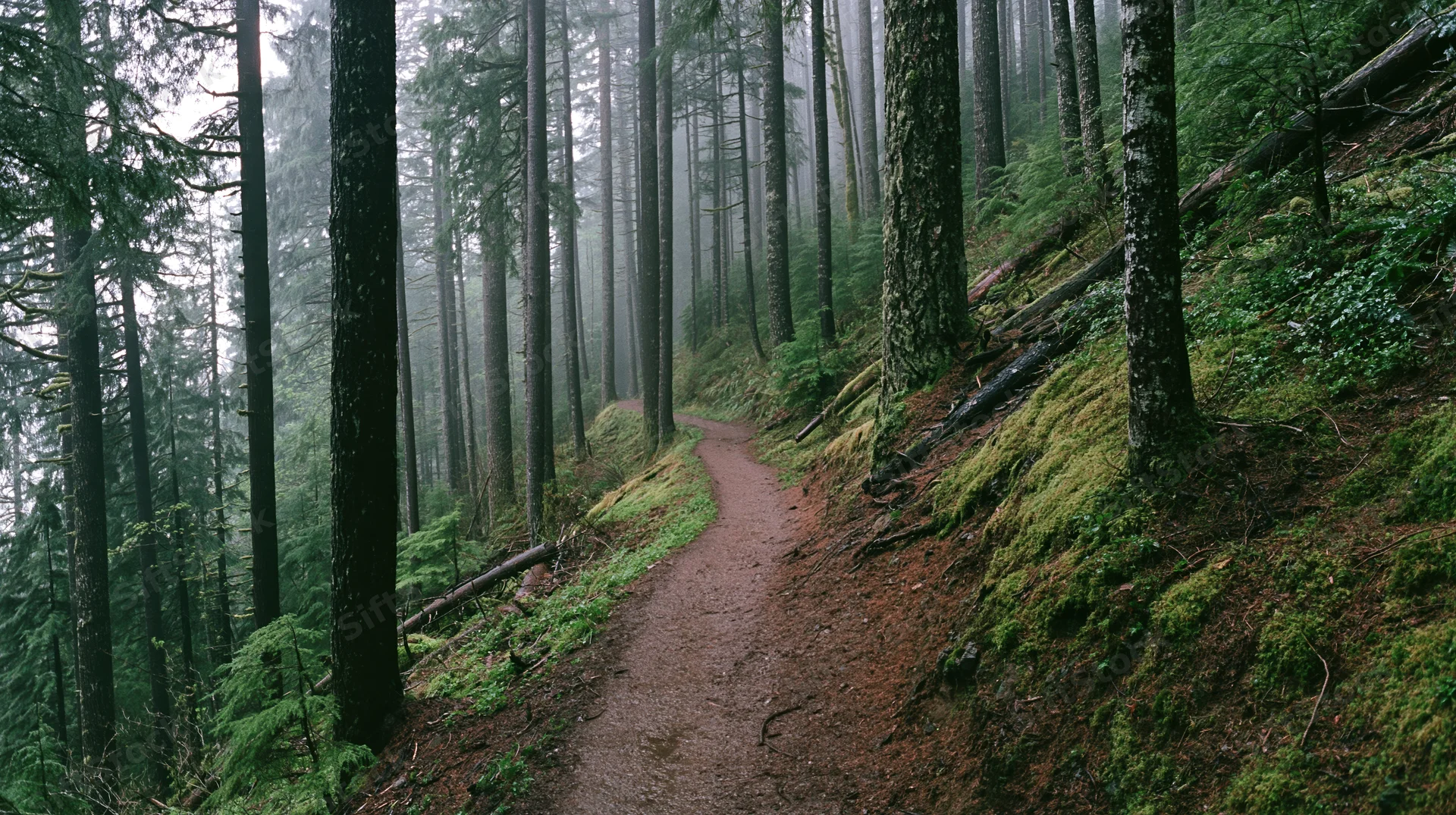 Winding dirt trail through dense foggy forest with moss-covered trees and undergrowth