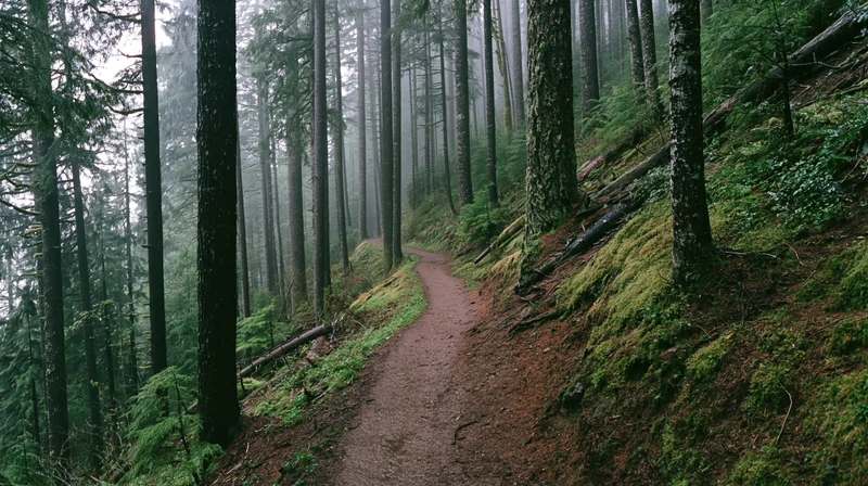 Winding dirt trail through dense foggy forest with moss-covered trees and undergrowth