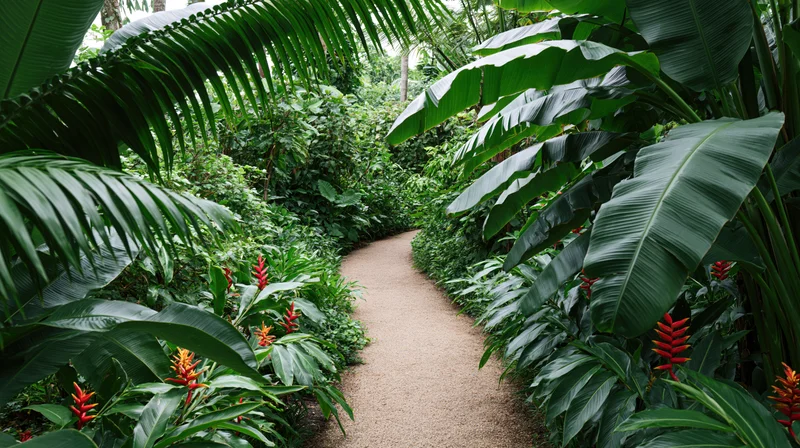 Winding gravel path through dense tropical foliage with banana plants and red heliconia flowers