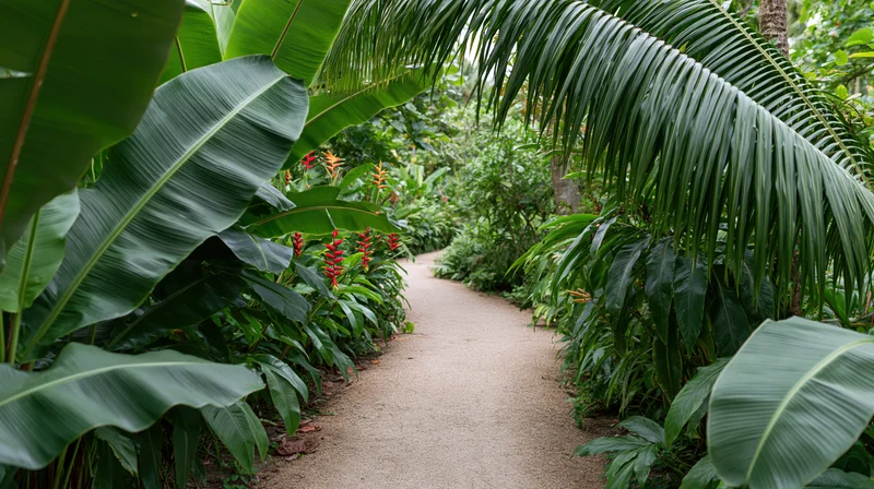 Winding gravel path through dense tropical foliage with banana and palm trees and red heliconia flowers