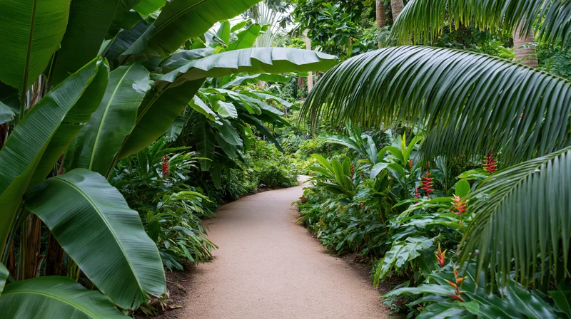 Winding gravel path through dense tropical foliage in a botanical garden