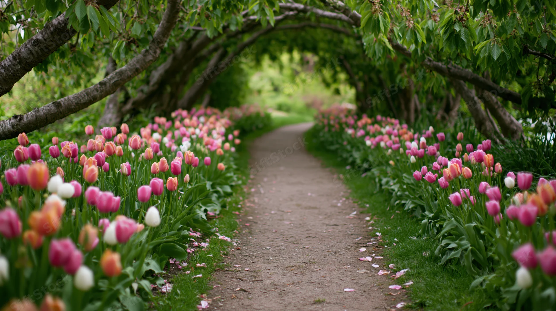 Winding gravel path lined with blooming tulips under a tree arch in a garden