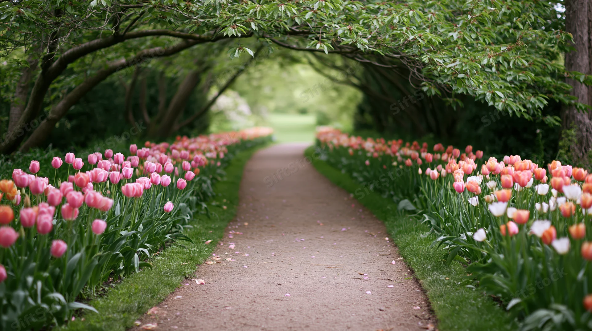 Winding gravel path lined with blooming tulips under a leafy tree arch in a garden