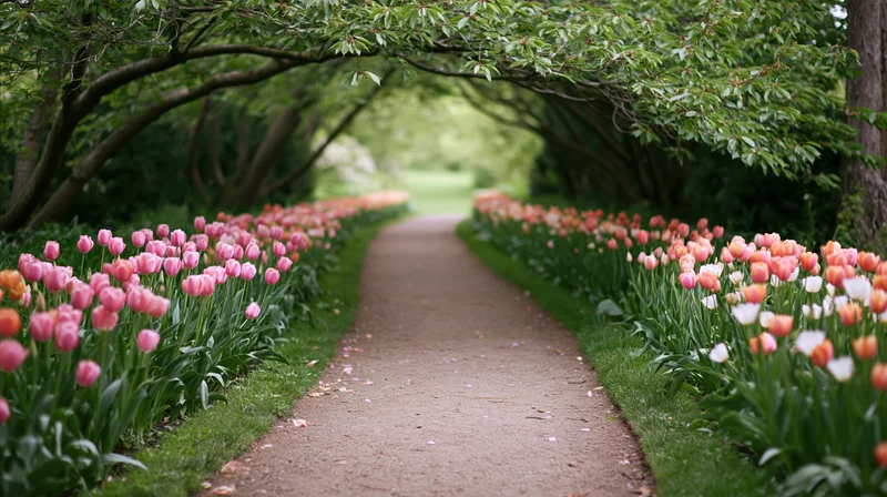 Winding gravel path lined with blooming tulips under a leafy tree arch in a garden