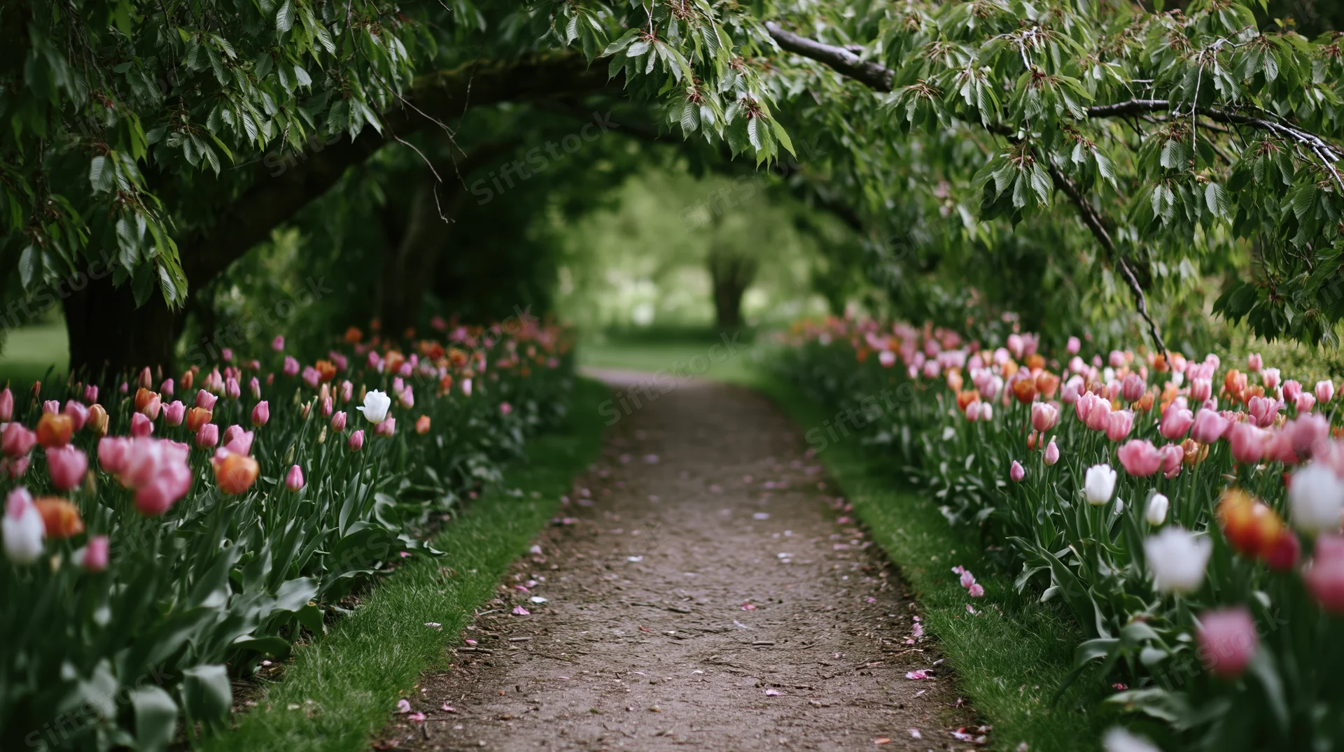Gravel path lined with blooming tulips under leafy tree arch in a garden