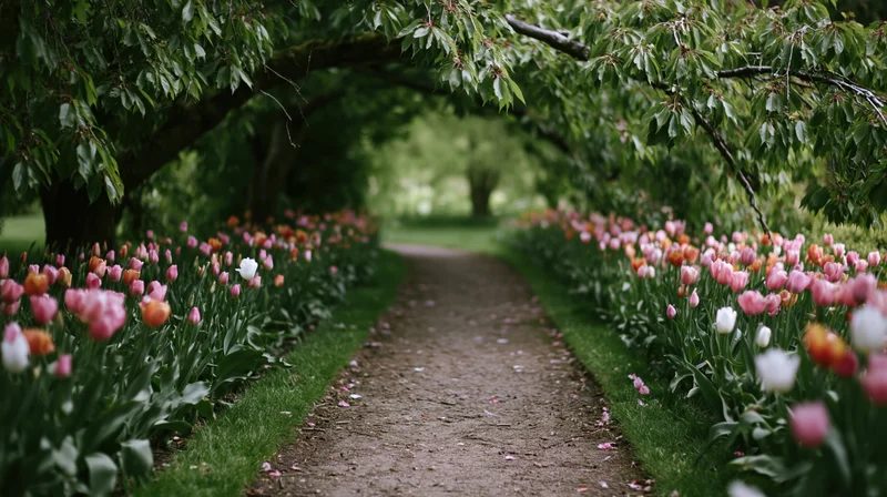 Gravel path lined with blooming tulips under leafy tree arch in a garden