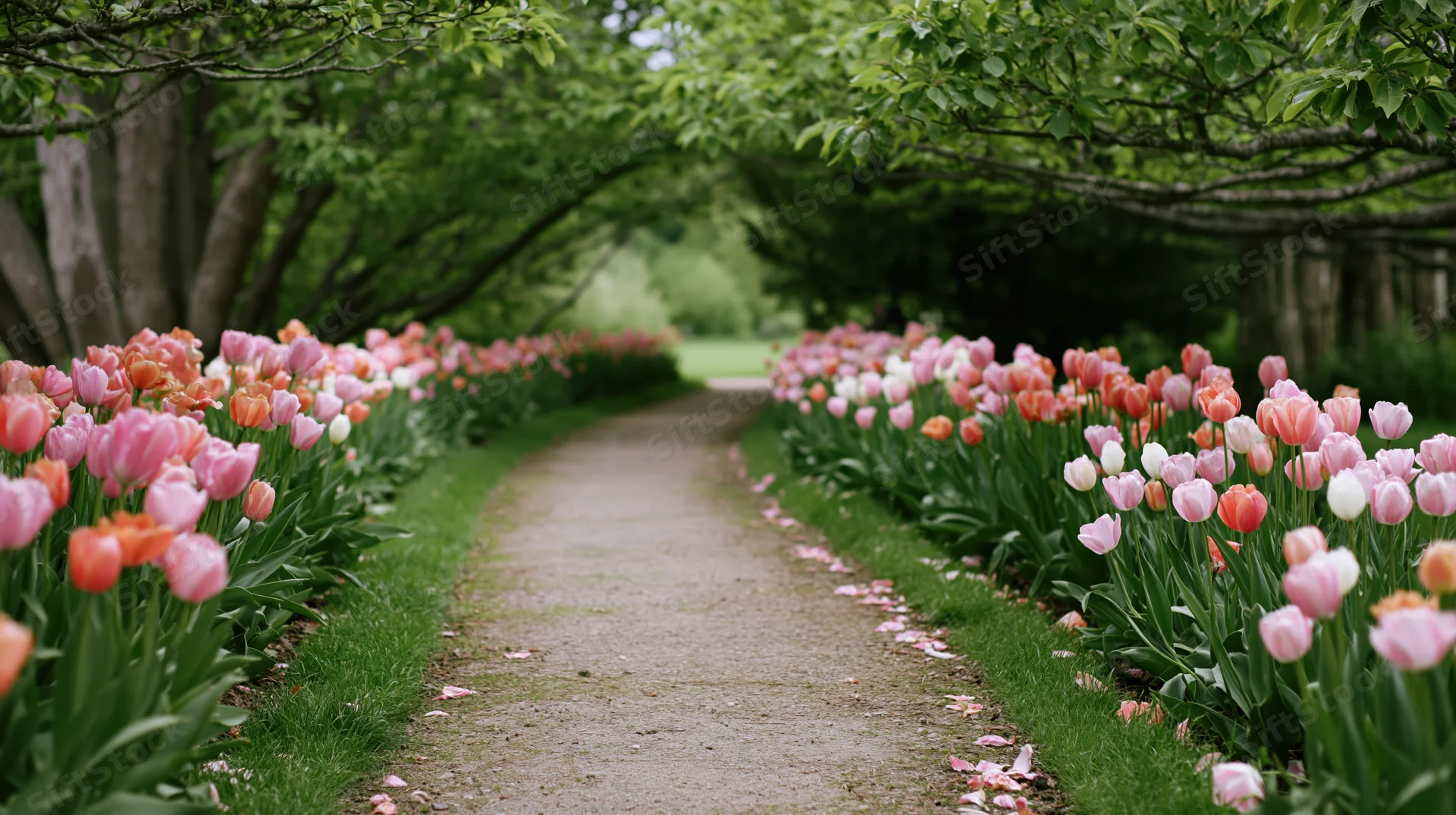 Winding gravel path lined with blooming tulips in a green garden