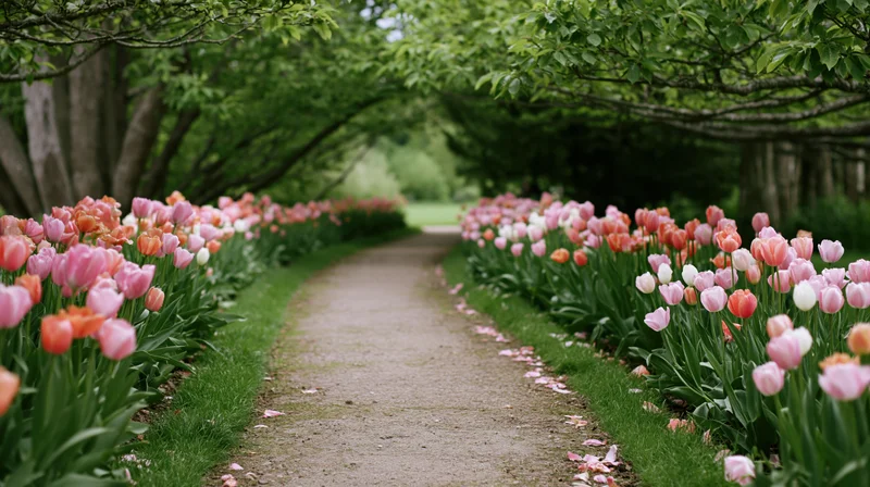 Winding gravel path lined with blooming tulips in a green garden