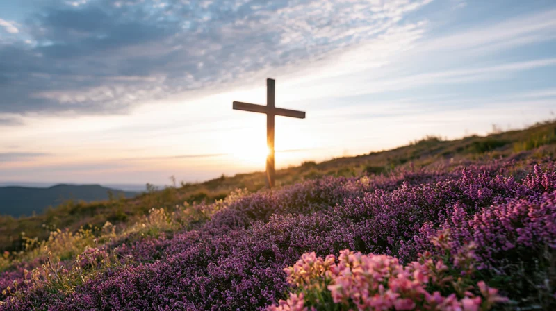 Wooden cross silhouetted at sunset on a hillside covered in blooming purple and pink heather flowers