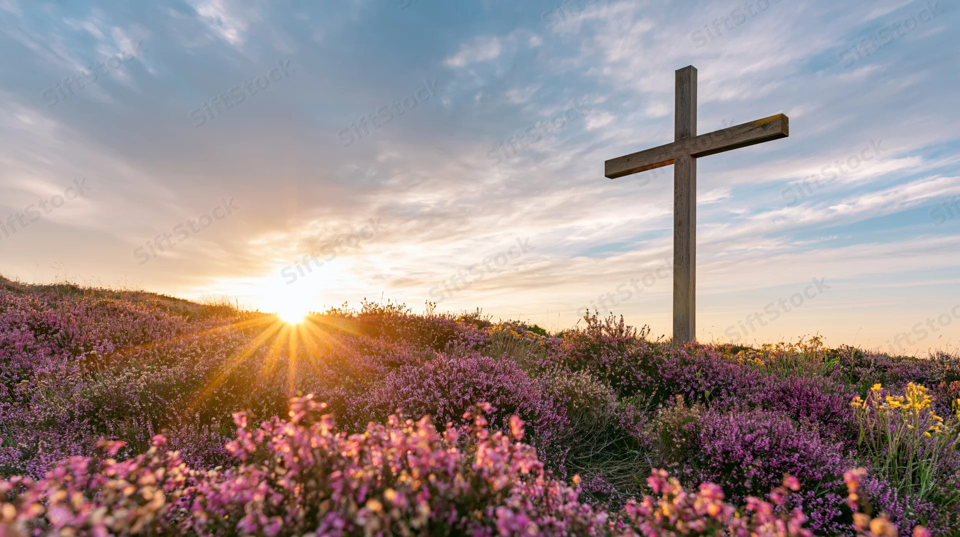 Wooden cross standing on a hillside covered in blooming purple heather at sunset