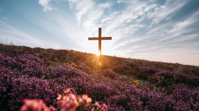Wooden cross silhouetted against sunset on a hillside covered in blooming purple heather