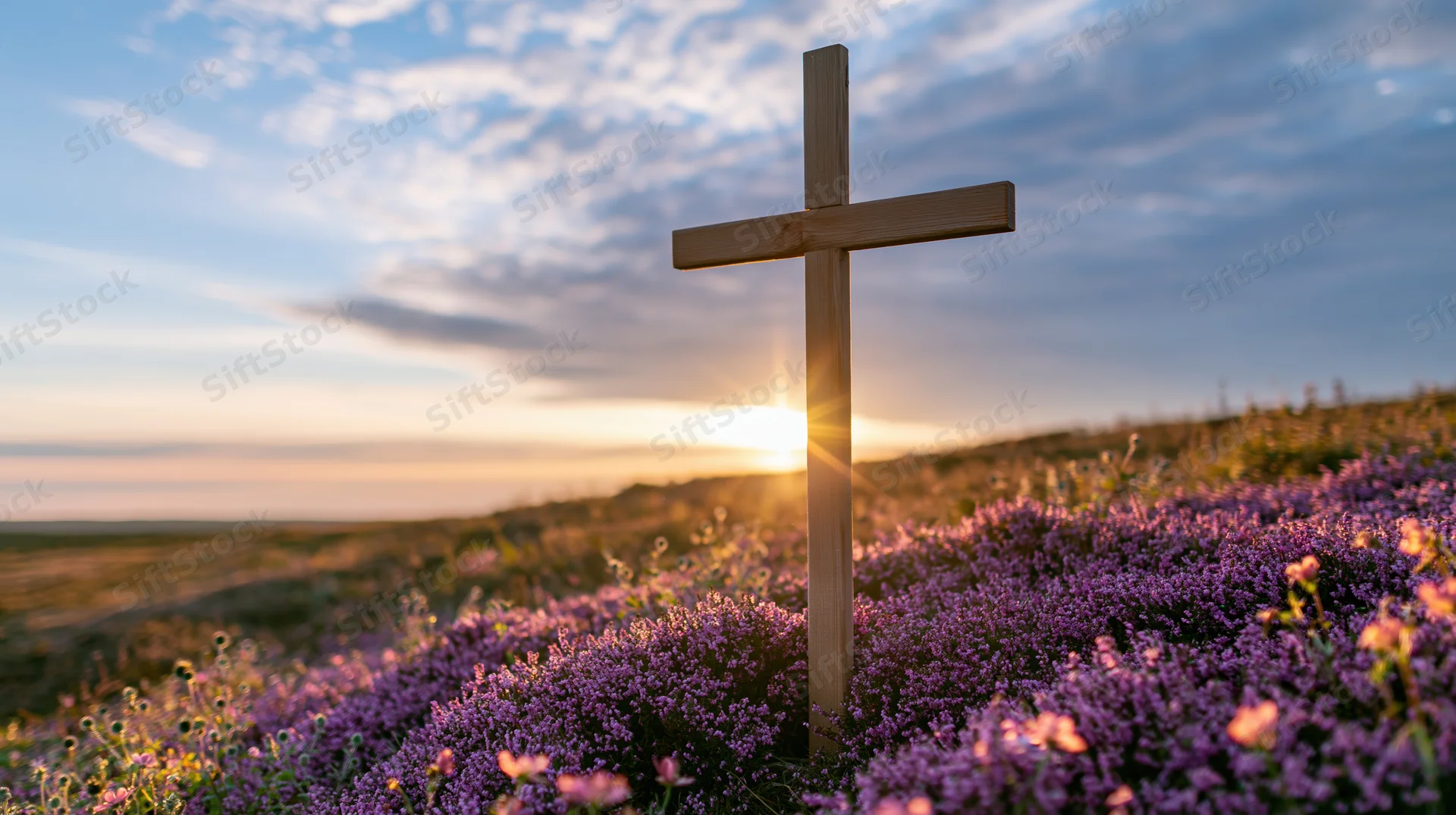 Wooden cross standing in a lavender field at sunset on a hillside