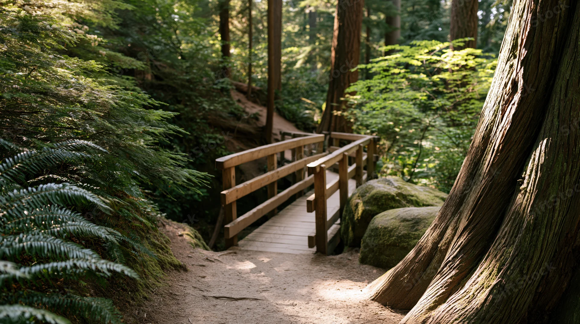 Wooden footbridge crossing a dirt trail in a redwood forest surrounded by ferns and tall trees