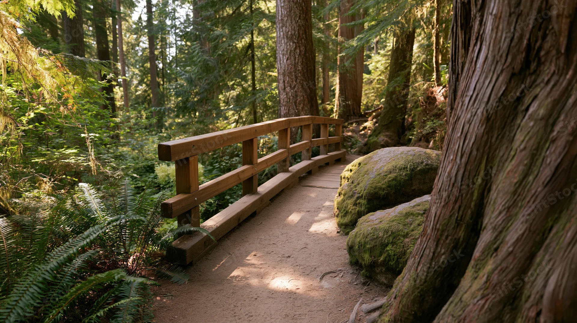 Wooden footbridge on a dirt trail winding through a redwood forest with mossy rocks and ferns