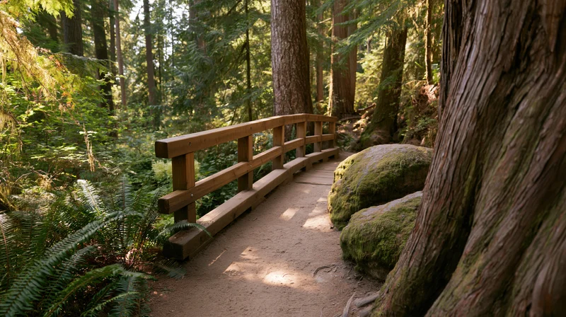 Wooden footbridge on a dirt trail winding through a redwood forest with mossy rocks and ferns