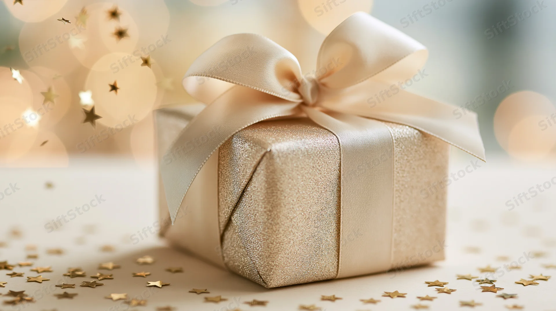 Champagne gold gift box wrapped in textured paper with satin ribbon bow, surrounded by star confetti and bokeh lights