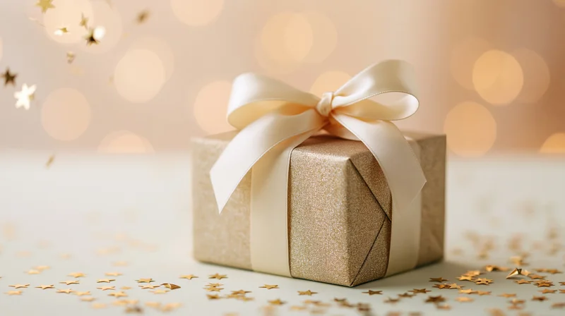 Champagne gold gift box wrapped in textured paper with satin ribbon bow, surrounded by star confetti on a soft glowing background