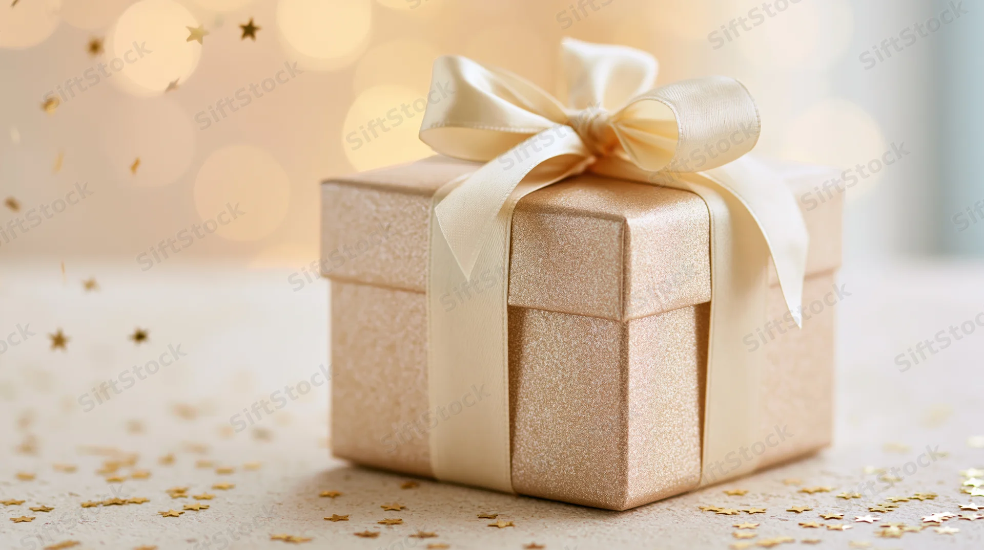 Champagne gold gift box with ribbon bow on surface scattered with star confetti