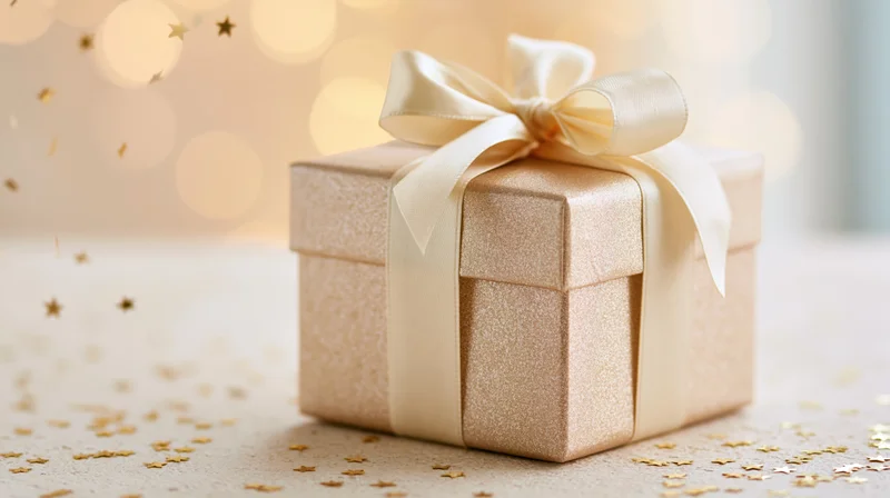 Champagne gold gift box with ribbon bow on surface scattered with star confetti