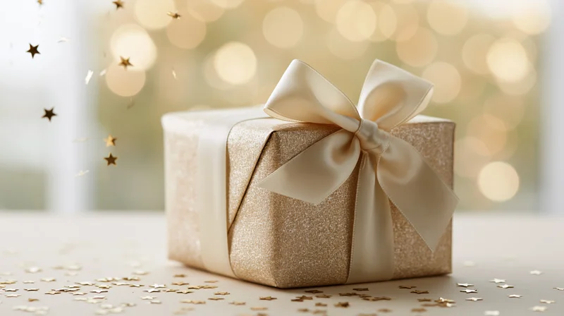 Champagne gold gift box wrapped in textured paper with satin ribbon bow on a table with star confetti and blurred lights behind