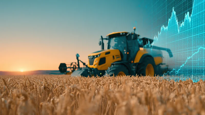 Yellow tractor harvesting golden wheat field at sunset with digital data graph overlay