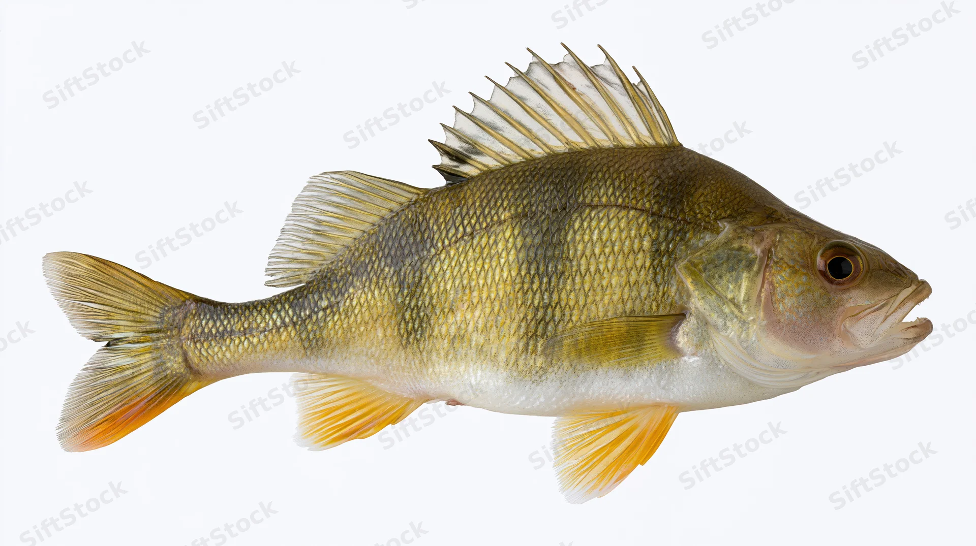 Yellow perch fish isolated against plain white background