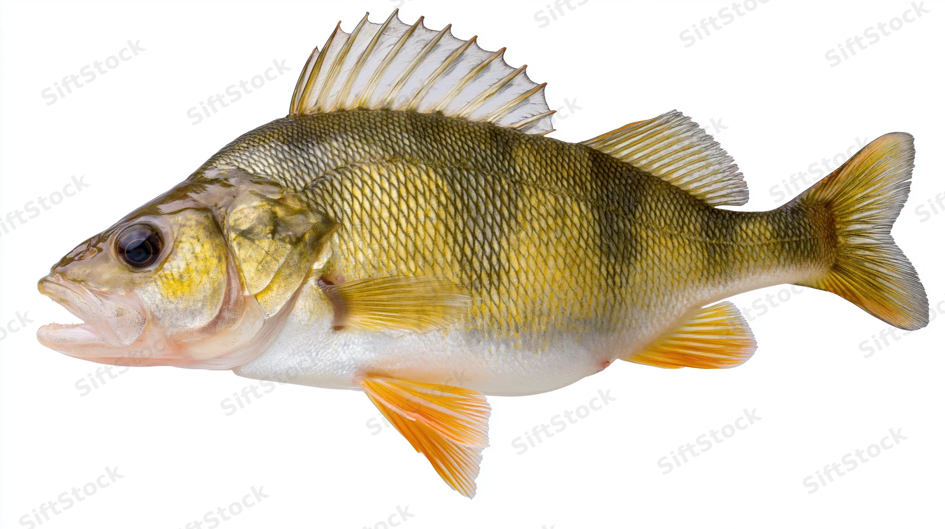 Yellow perch fish isolated against white background