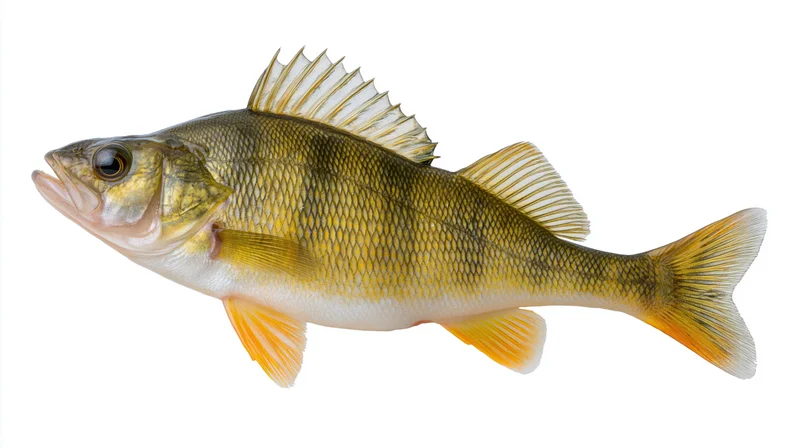 Yellow perch fish in side profile isolated on white background