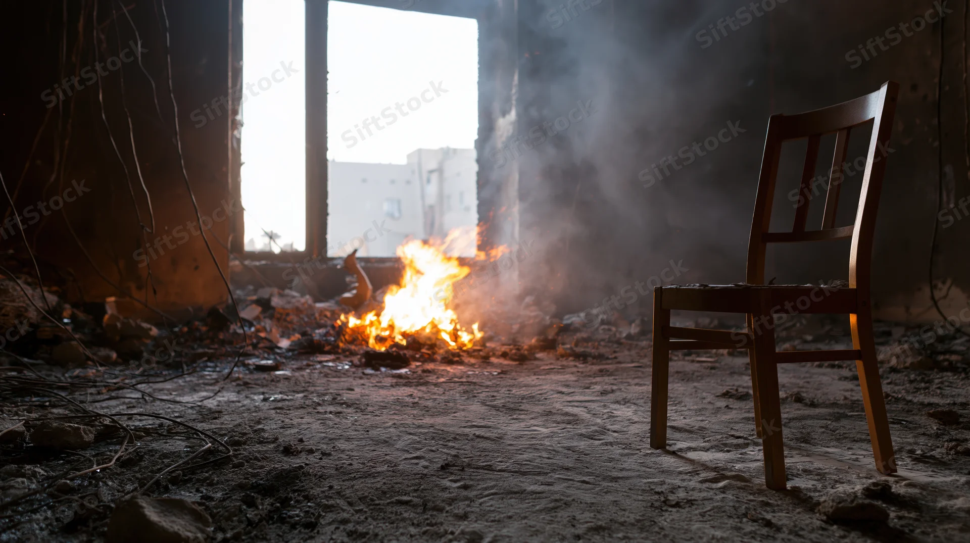 Wooden chair standing in a burned-out room with fire and smoke near a broken window